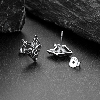 FaithHeart Sterling Silver Viking Celtic Wolf Stud Earrings For Men FaithHeart