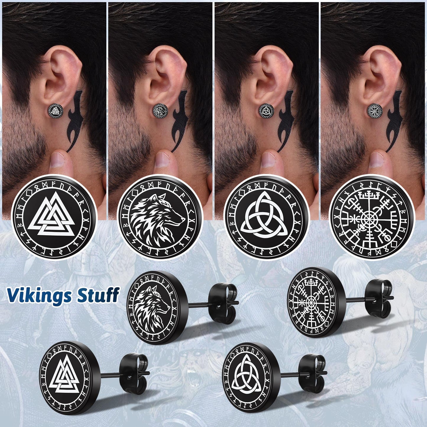Vente Flash Boucles d'oreilles Viking Wolf Ensemble de boucles d'oreilles Valknut 