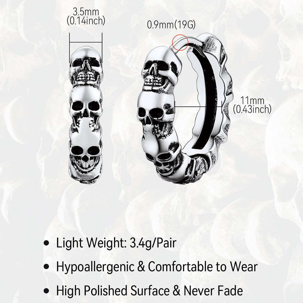 Skull-shaped hoop earrings with measurements and product features on a textured white background