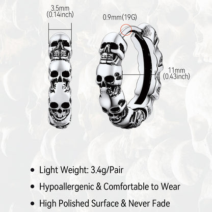 Skull-shaped hoop earrings with measurements and product features on a textured white background
