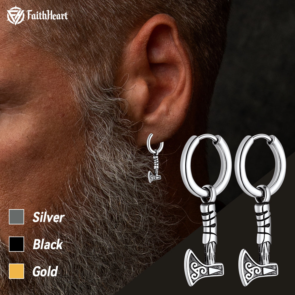 FaithHeart Viking Battle Axe Dangle Hoop Earrings For Men FaithHeart