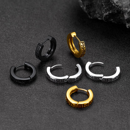 rune hoop earrings in black, gold, and silver .