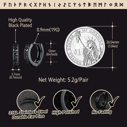Black-plated hoop earrings with measurements and product features on a black background