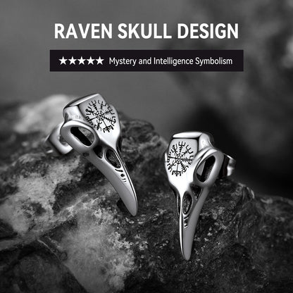 FaithHeart Viking Raven Skull Stud Earrings With Compass For Men FaithHeart