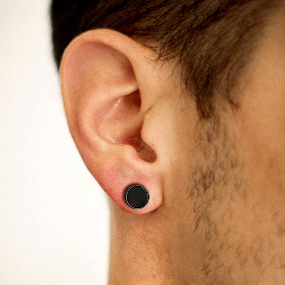 Men's Viking Rune Black Onyx Stud Earrings | 925 Sterling Silver
