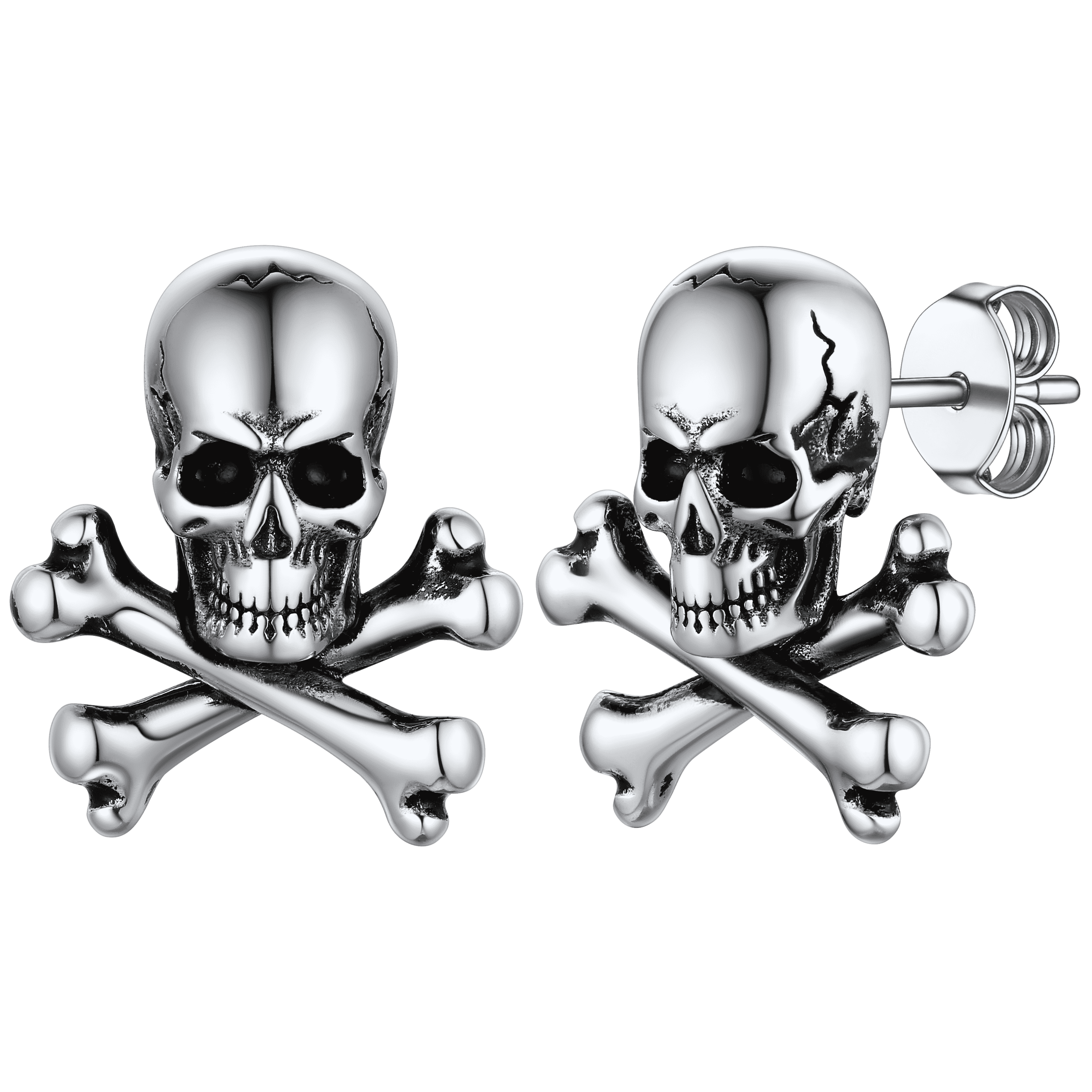 FaithHeart Sterling Silver Skull Stud Earrings with Pirate Crossbones For Men FaithHeart