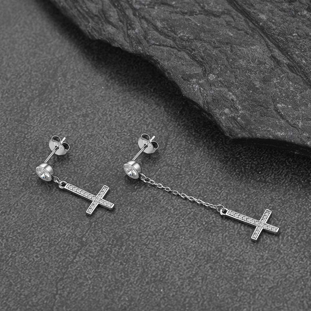 FaithHeart Sterling Silver Inverted Cross Earrings Cubic Zirconia Dangle Studs FaithHeart