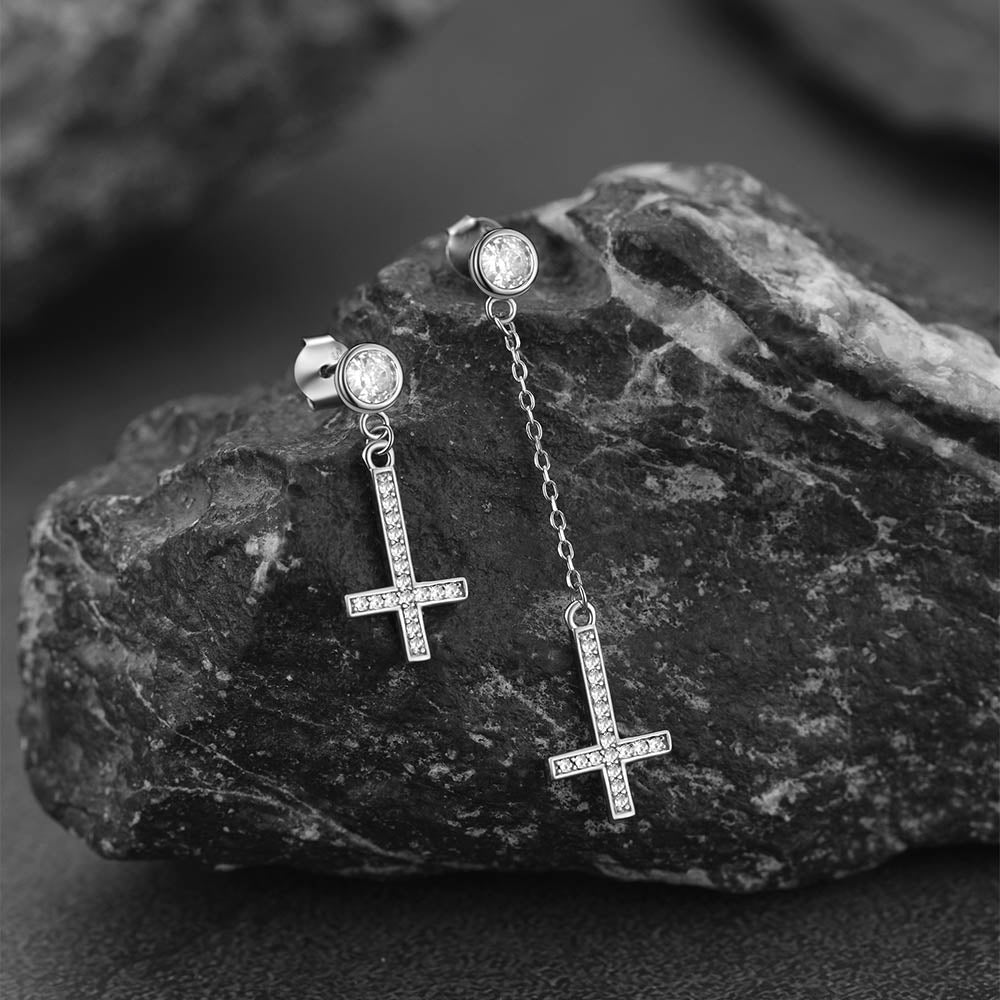 FaithHeart Sterling Silver Inverted Cross Earrings Cubic Zirconia Dangle Studs FaithHeart