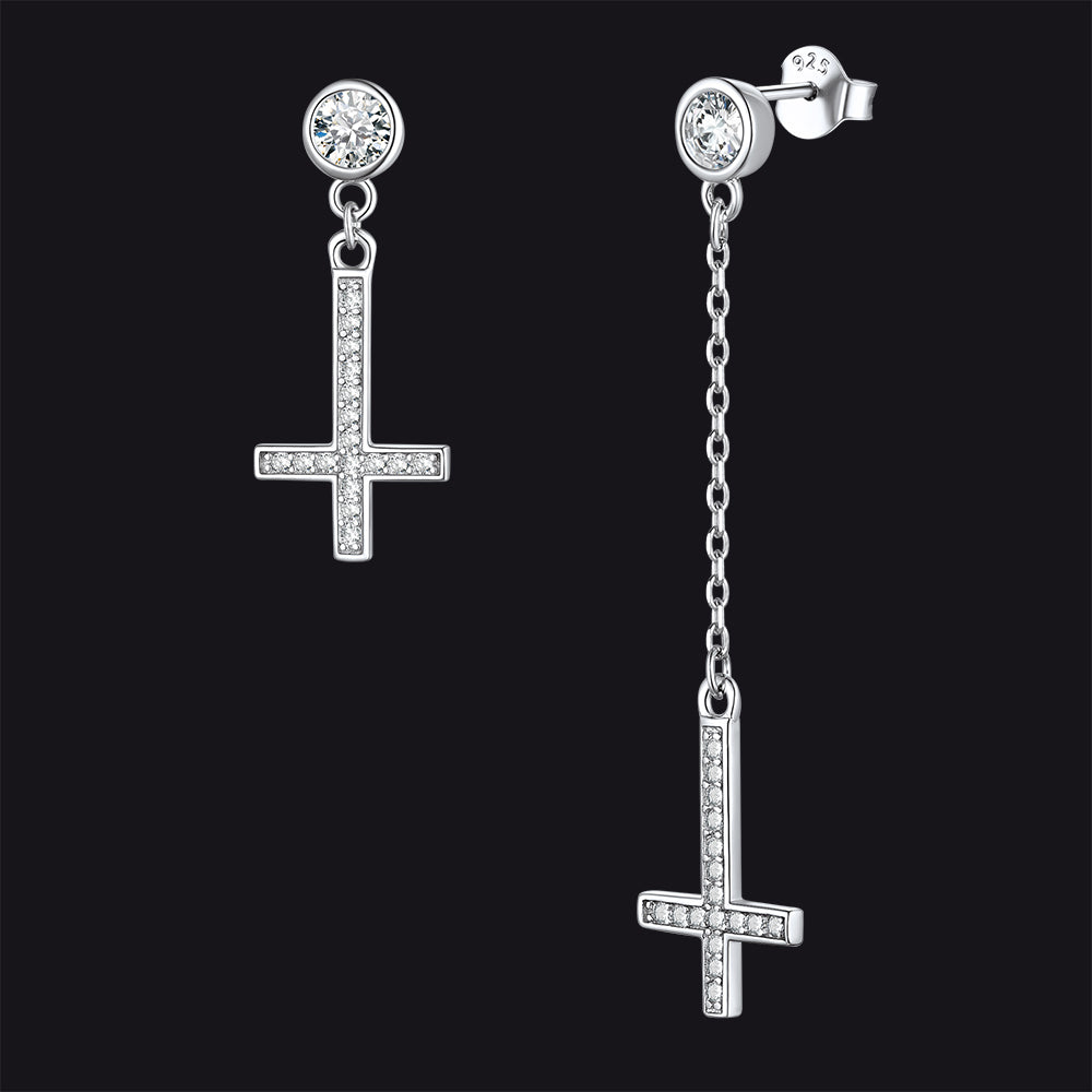 FaithHeart Sterling Silver Inverted Cross Earrings Cubic Zirconia Dangle Studs FaithHeart