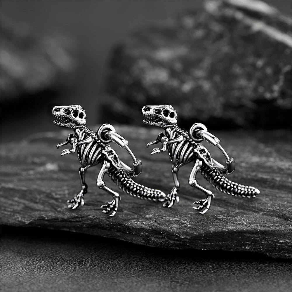 Orecchini Circolari Uomo Dinosauro T-Rex – Acciaio Inossidabile, Scheletro, Stile Gotico Punk Biker
