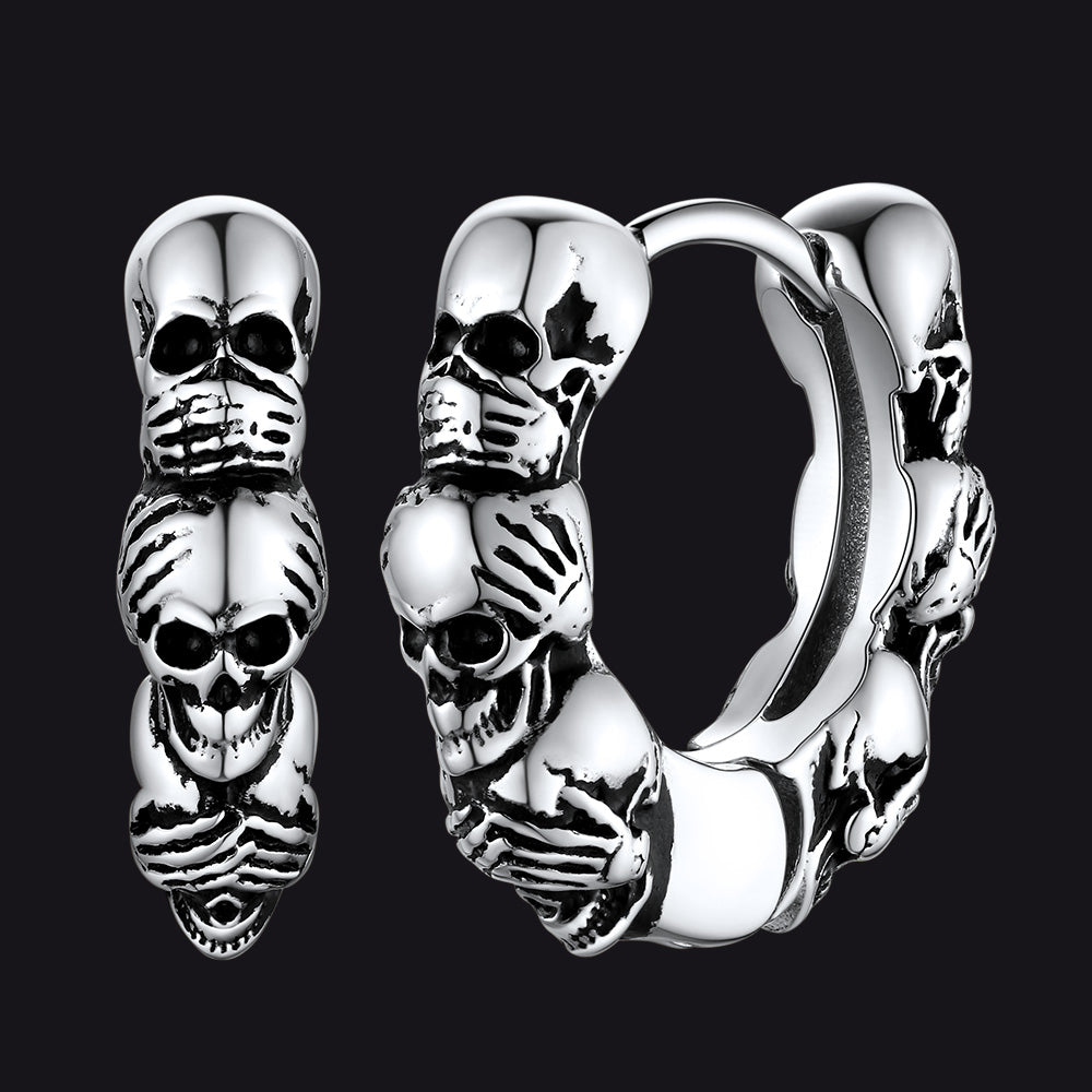 FaithHeart Gothic Skull Sterling Silver Hoop Earrings For Men FaithHeart