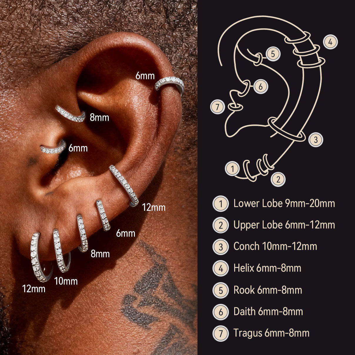 Earring sizes displayed on an ear with corresponding measurements and a diagram of ear lobes.
