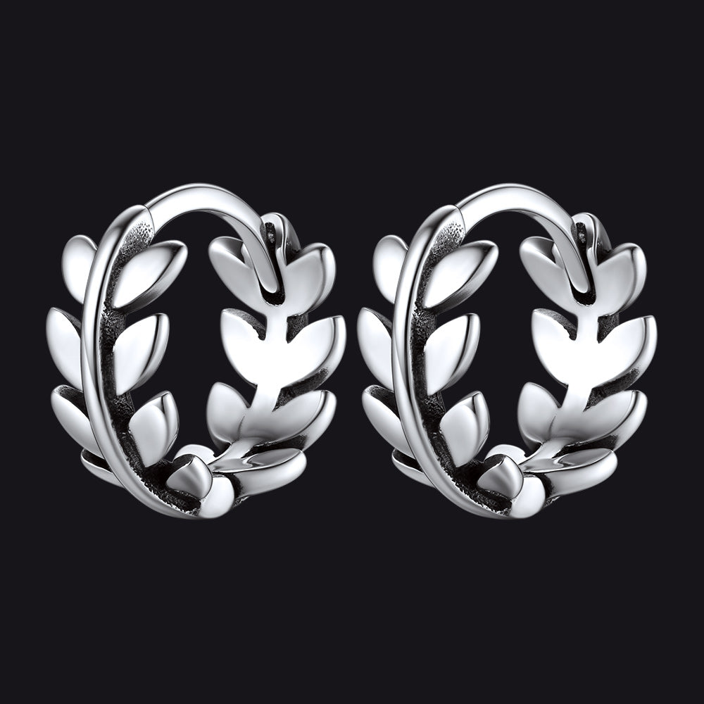 Sterling Silver Small Chunky Leaf Hoop Earrings for Men Women