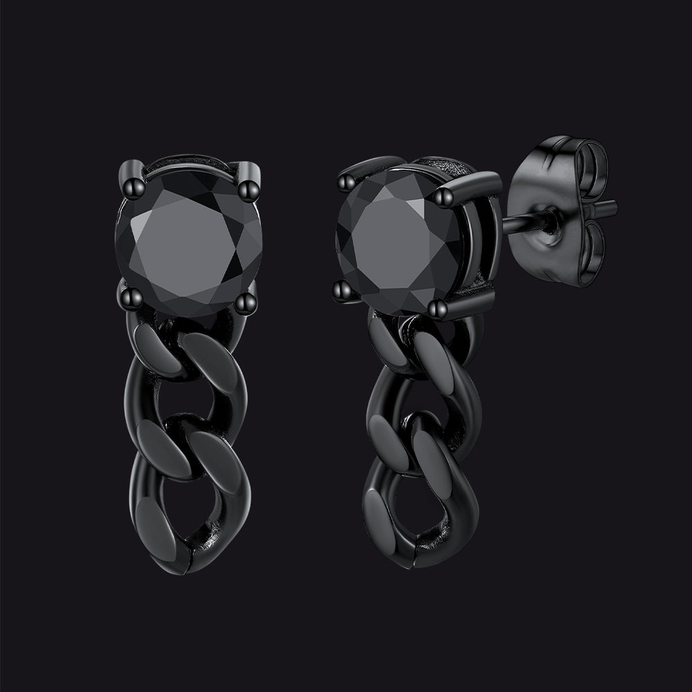 Black chain-link earrings with black  round gemstones 
