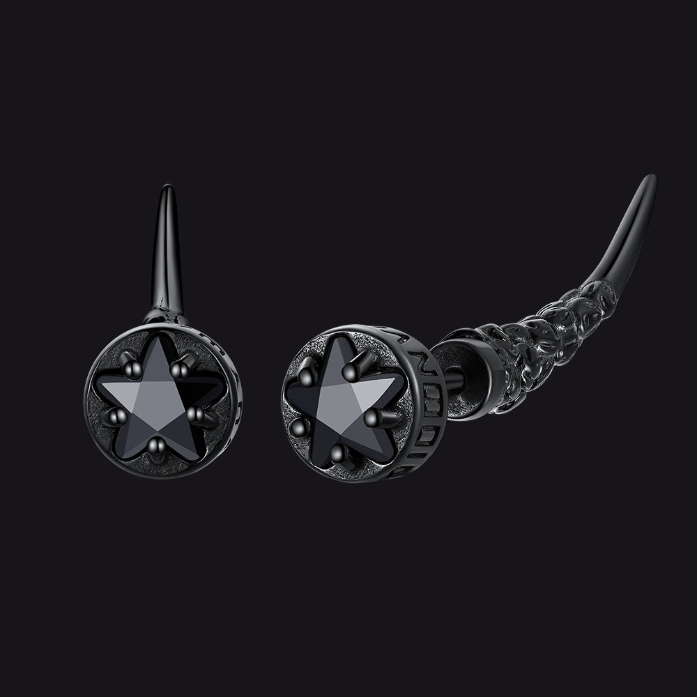 Black star-shaped earrings on a black background