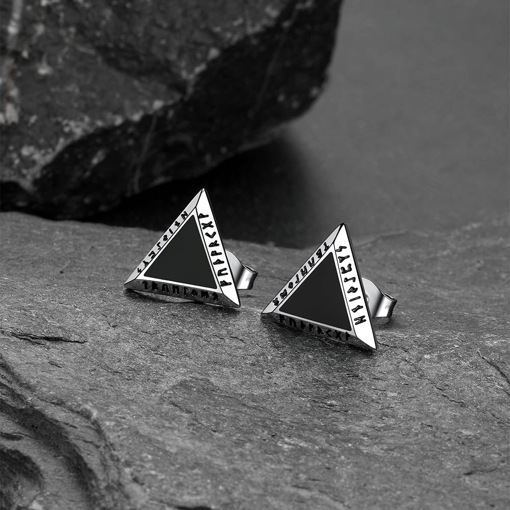 Viking Triangle Black Onyx Diamond Stud Earrings for Men