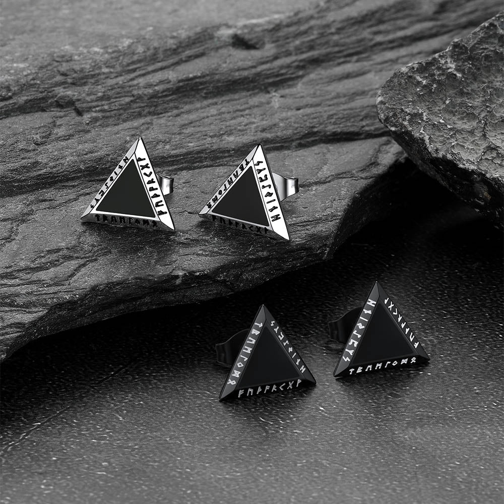 Viking Triangle Black Onyx Diamond Stud Earrings for Men