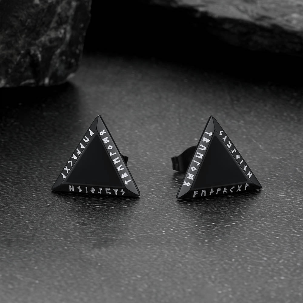 Viking Triangle Black Onyx Diamond Stud Earrings for Men