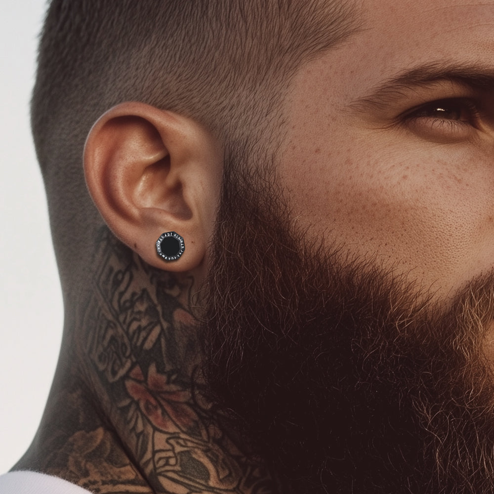 Hexagon Viking Rune Black Stud Earrings for Men