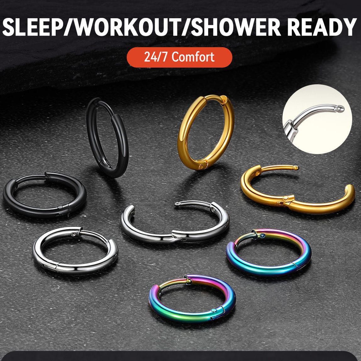 Collection of hoop earrings in various colors on a dark background with text about comfort and design.