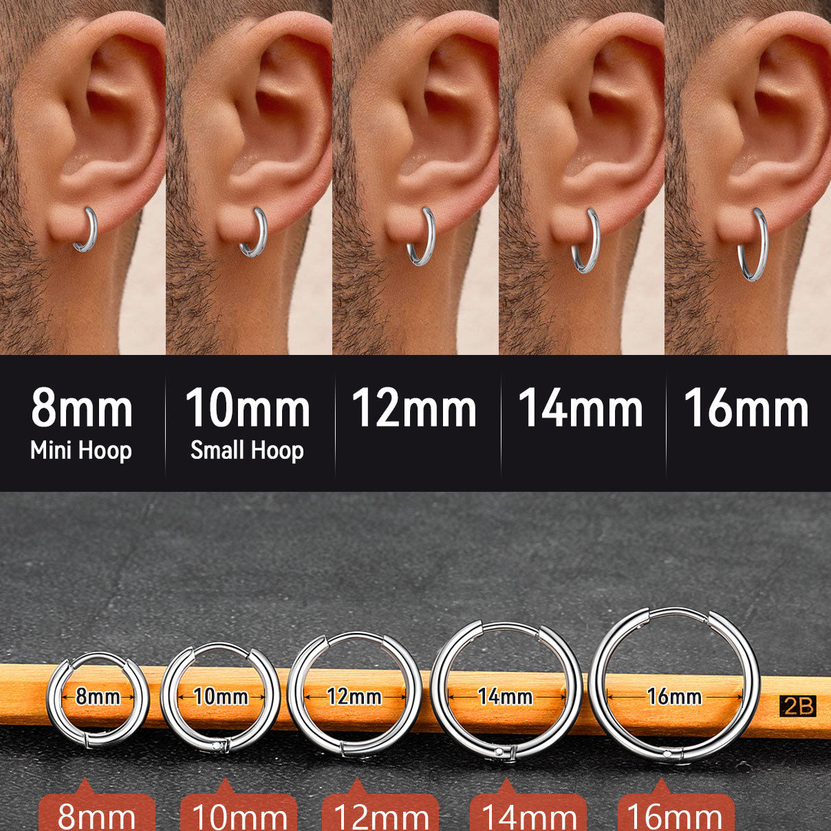 Earrings size guide showing different hoop sizes on ears with measurements below.