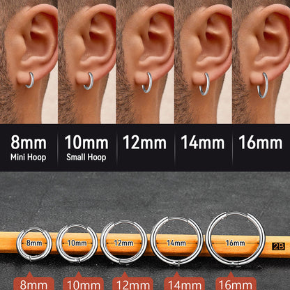 Earrings size guide showing different hoop sizes on ears with measurements below.