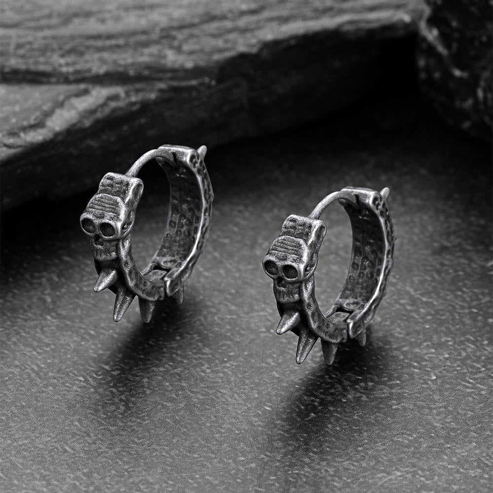 Gothic Vintage Black Skull Spiked Hoop Earrings