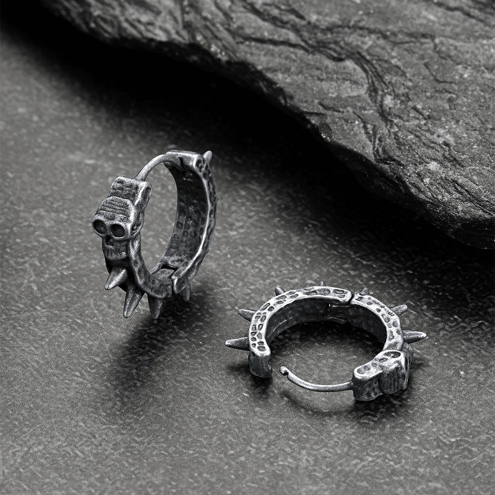 Gothic Vintage Black Skull Spiked Hoop Earrings