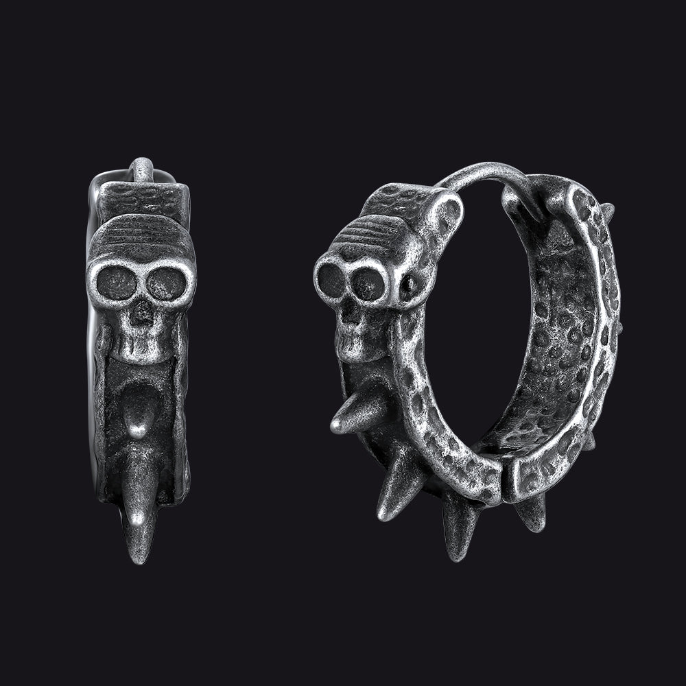 Gothic Vintage Black Skull Spiked Hoop Earrings for Men