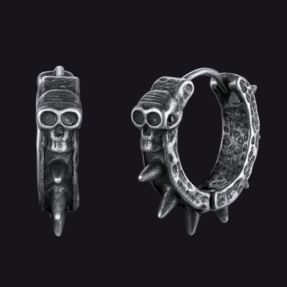 Gothic Vintage Black Skull Spiked Hoop Earrings for Men