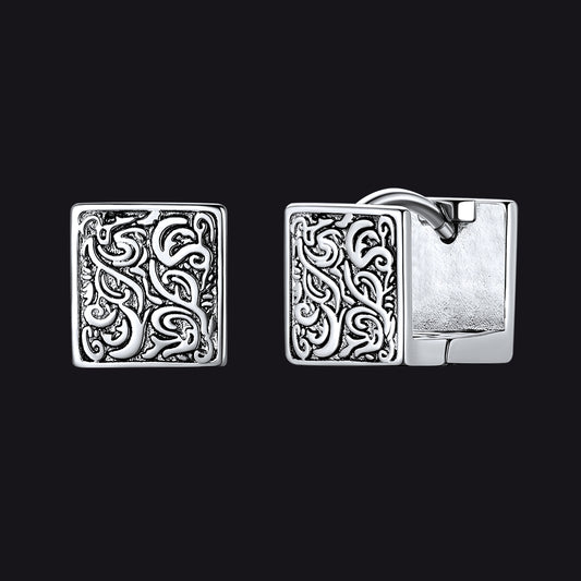 S925 Silver Vintage Tangcao Flower Square Earrings Antique for Men Womenimg