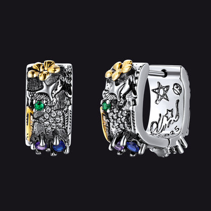 925 sterling silver graffiti joker eagle shield star hoop earrings with gold flower detail