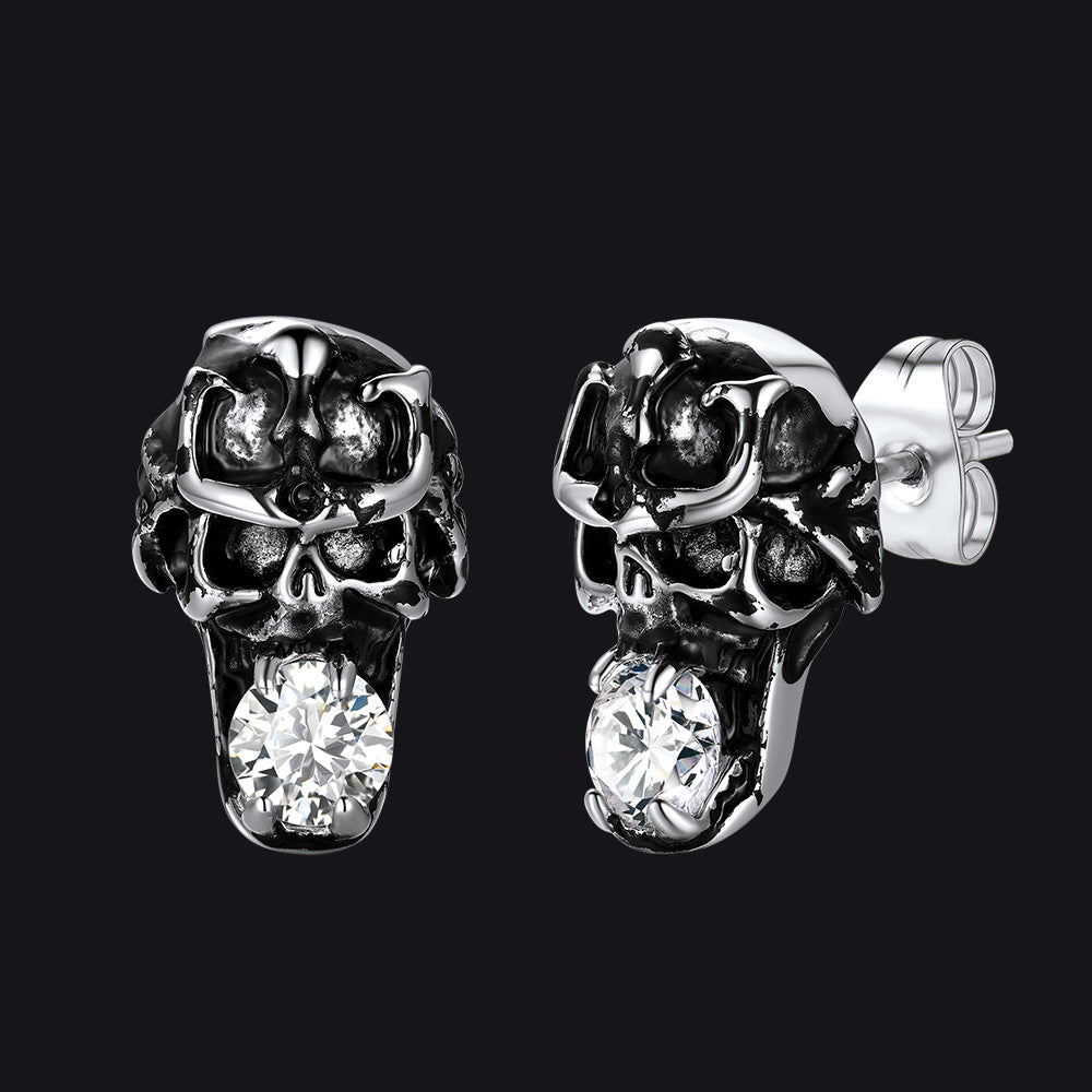 Stainless steel punk skull earrings with cubic zirconia for men.