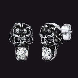 Stainless steel punk skull earrings with cubic zirconia for men.