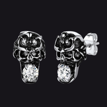 Stainless steel punk skull earrings with cubic zirconia for men.