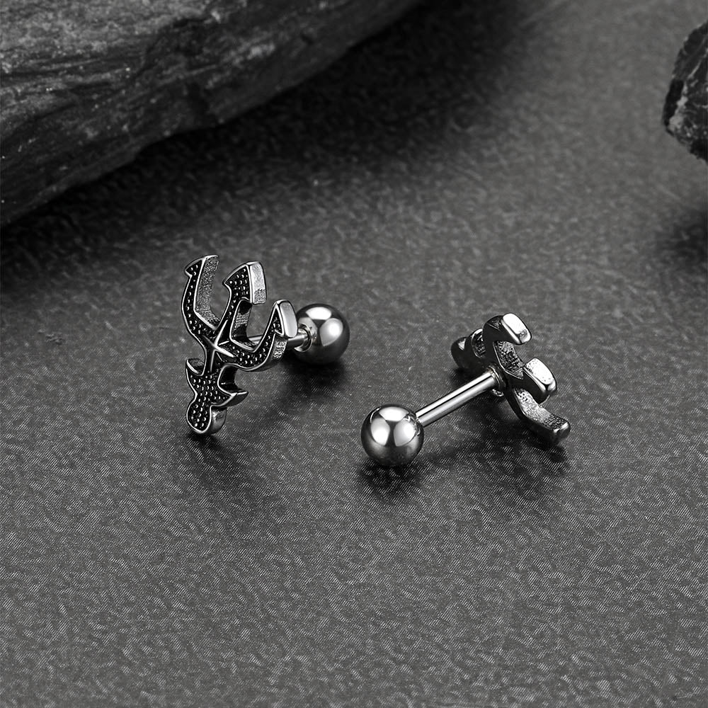 Gothic stainless steel trident and cross stud earrings for men
