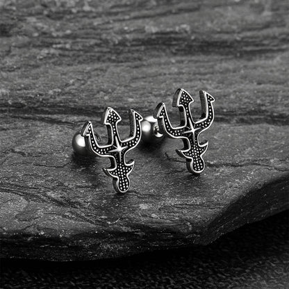 Close-up view of Poseidon trident cross stud earrings for men