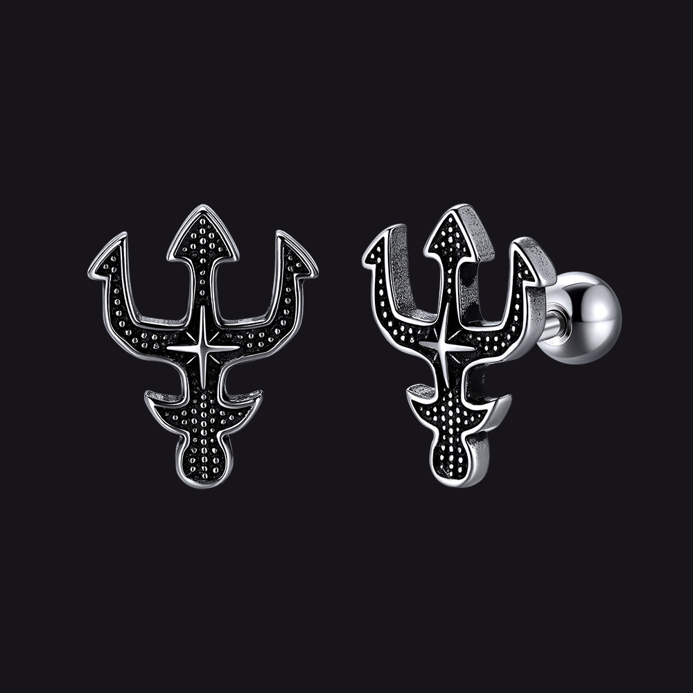 Poseidon trident cross stud earrings for men in stainless steel