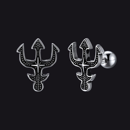 Poseidon trident cross stud earrings for men in stainless steel