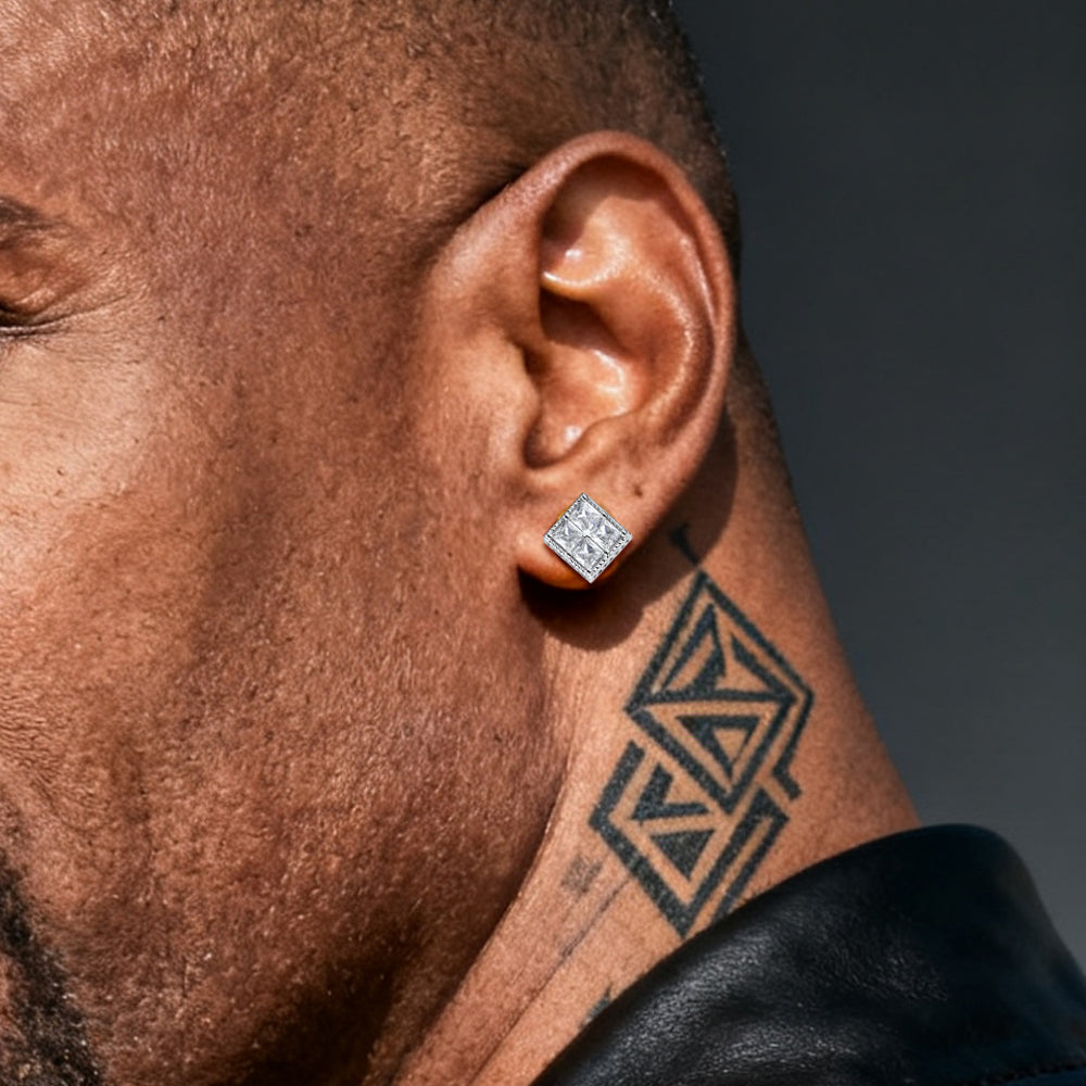 Close-up of a person wearing a diamond earring with a blurred background