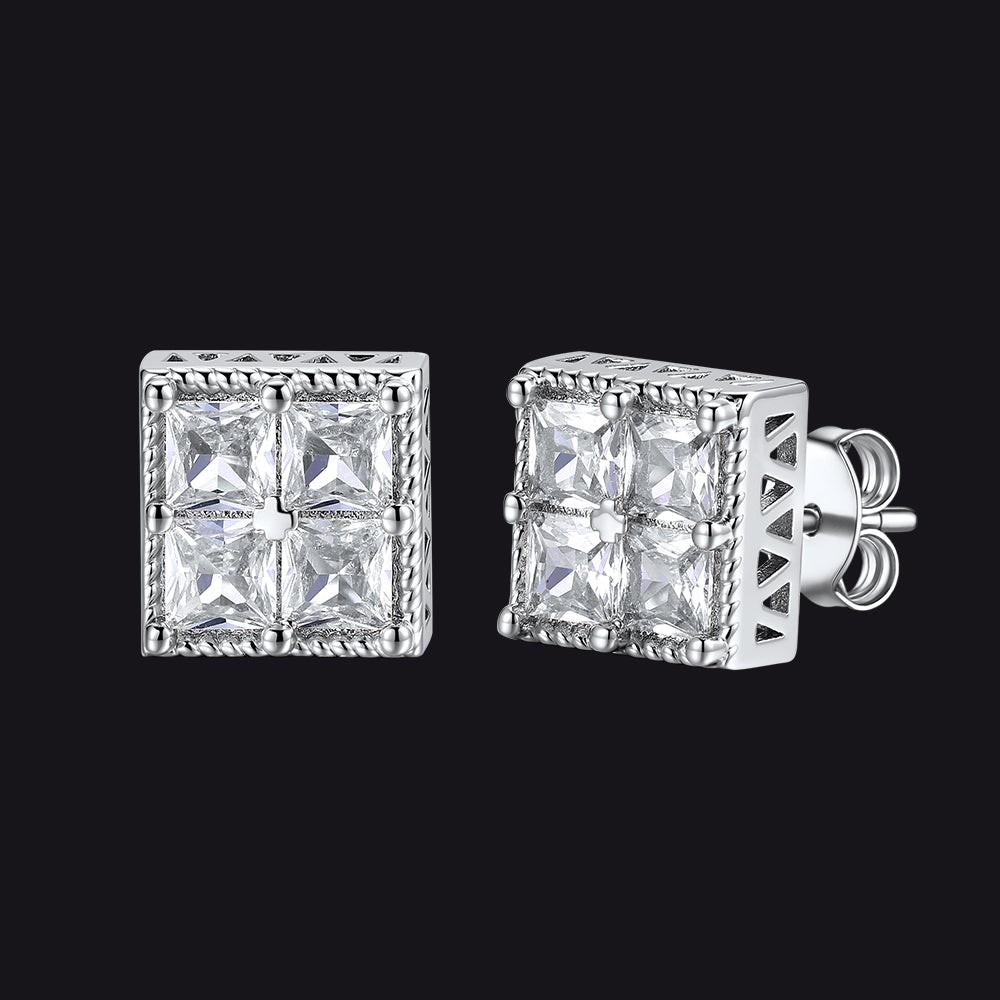 hip hop 8MM square cubic zirconia stud earrings silver