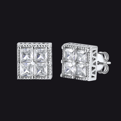 hip hop 8MM square cubic zirconia stud earrings silver