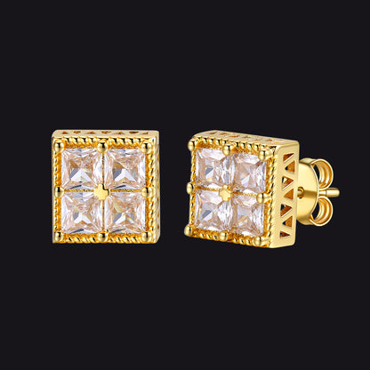 hip hop 8MM square cubic zirconia stud earrings gold