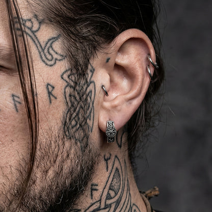 Men Wearing a Silver Norse Viking Compass Hoop Earrings Gift