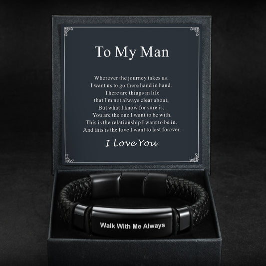 Custom Braided Black Leather Bracelet for Menimg