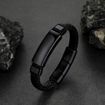 Custom Braided Black Engraved Leather Bracelet Cuff For Men