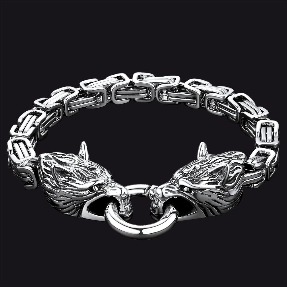 FaithHeart Norse Wolf Head Bracelet Stainless Steel Viking Chain FaithHeart