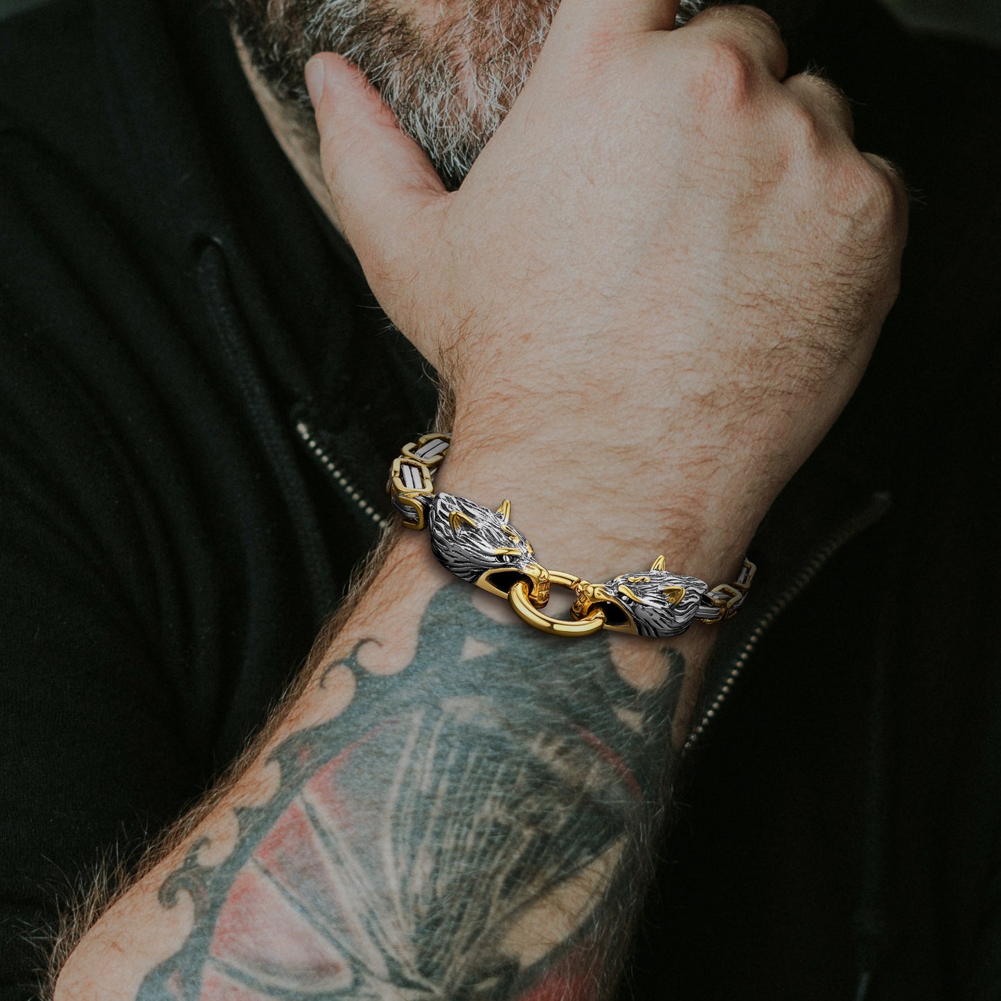 FaithHeart Viking Wolf Head Chain Bracelet for Men FaithHeart