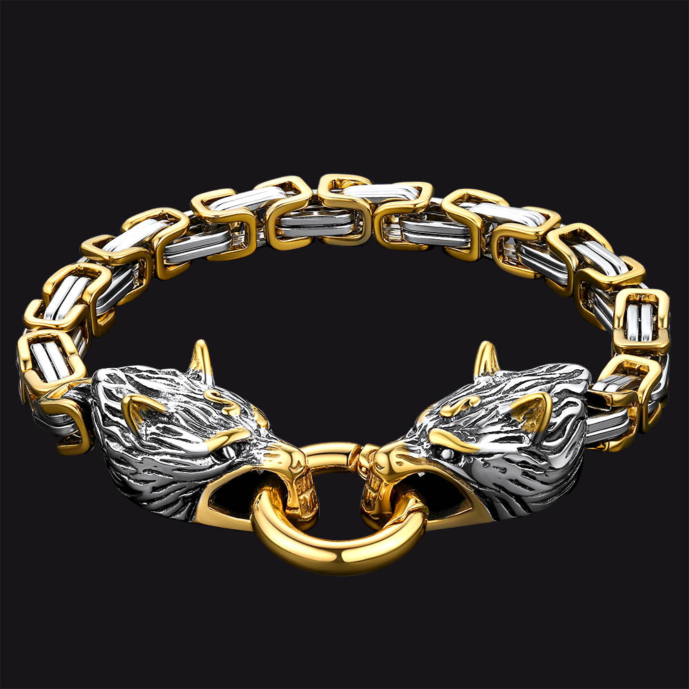 FaithHeart Norse Wolf Head Bracelet Stainless Steel Viking Chain FaithHeart