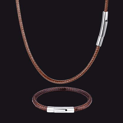 Brown Leather Braided Cord Necklace and Bracelet Set for Men – Rustic Look